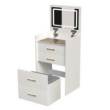 Vanity Desk with 3 Drawers Mirror, Compact Makeup Table with Glass Top