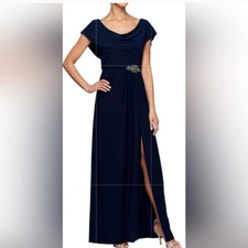 Alex Evenings Women Navy Sleeveless Ruched Cowl Neck Gown Dress 14 Beaded Waist