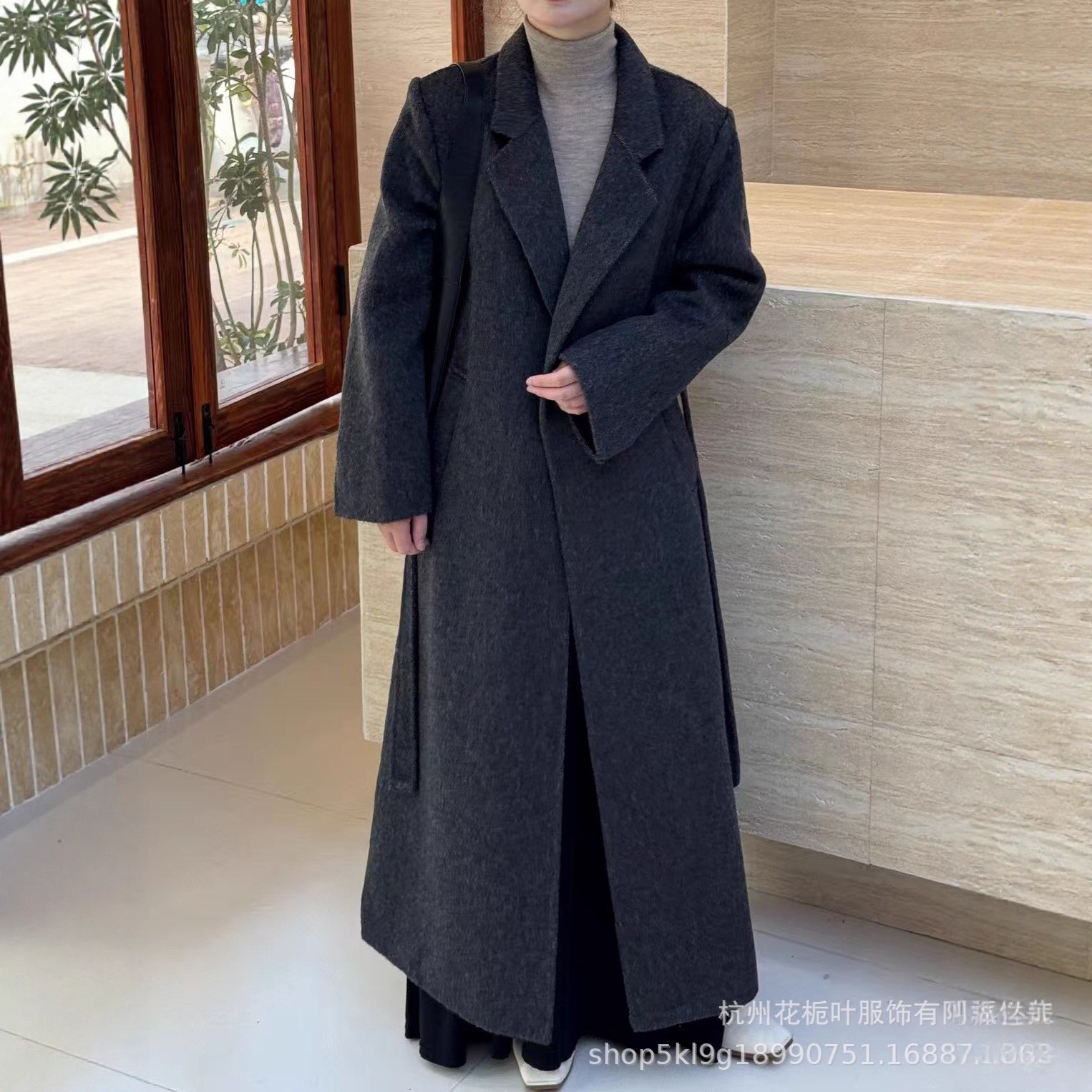 Winter New Wool Coat Thicken Suit Collar Belt Women's Knee Length Cashmere Coat
