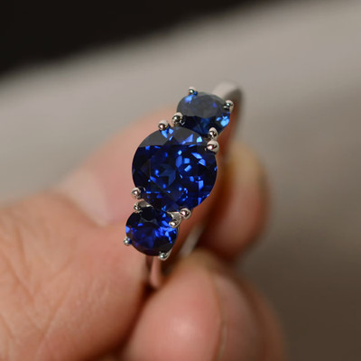 3 Ct Round Cut Natural Sapphire Diamond Engagement Wedding Ring 14K White Gold