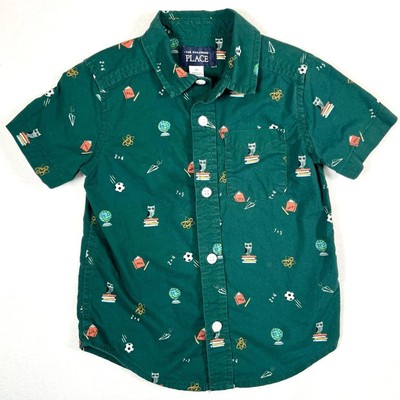 THE CHILDRENS PLACE Boys Doodle Poplin Button Up Shirt 2T Back to School Green