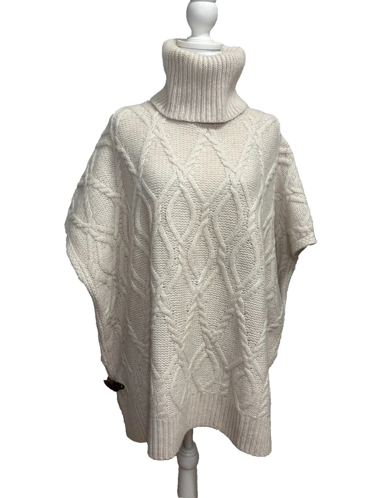 Sweater Poncho Womens M Cream Lambs Wool Chunky Cable Knit Oversized Funnel Neck