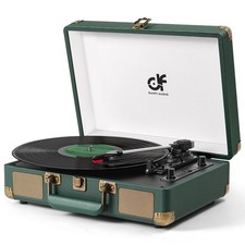 Vintage Dark Green Suitcase Record Player 3-Speed Portable Turntable with Bui...