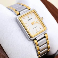Reloj de cuarzo cuadrado para dama Rado dorado plateado combo esfera blanca vintage Japón