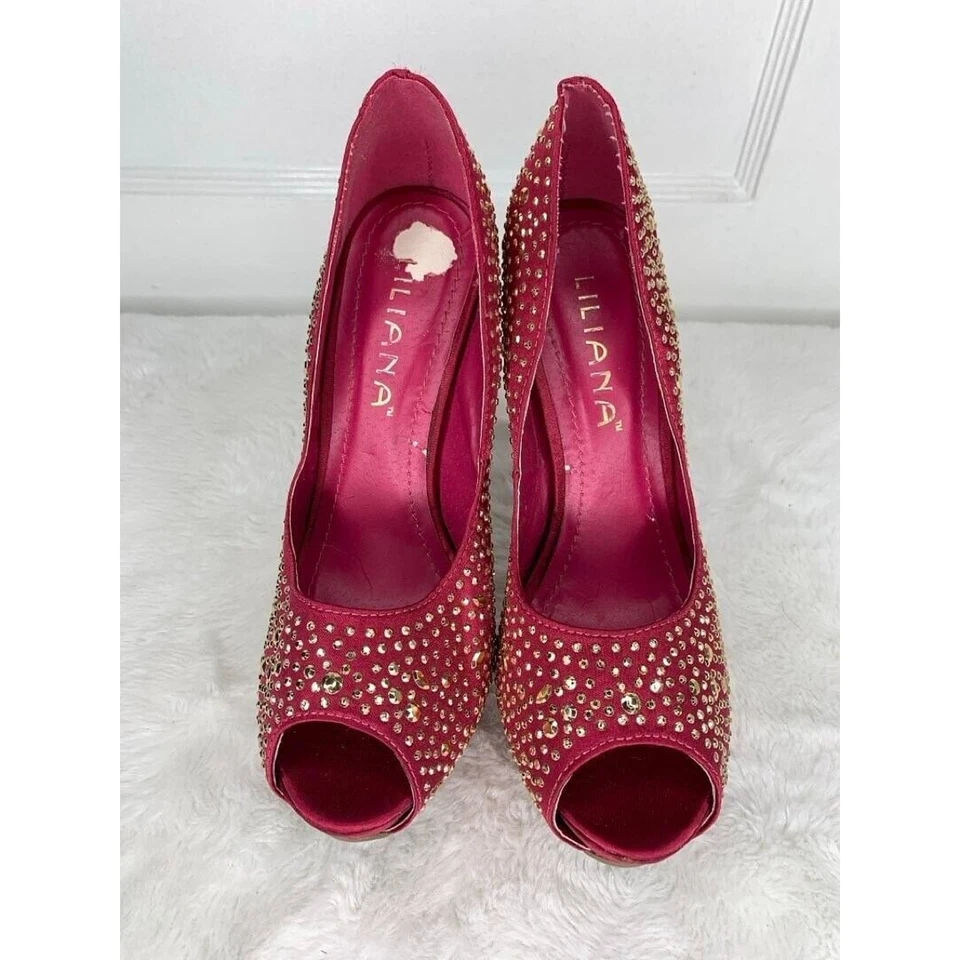 Lilliana Womens Size 7 Red Rhinestone Peep Toe Stiletto High Heels - Image 2 of 4