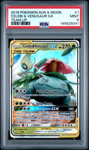2019 POKEMON SUN & MOON TEAM UP #1 CELEBI & VENUSAUR GX PSA 9