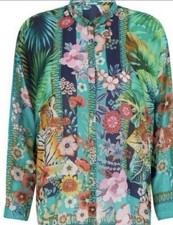 Johnny Was Le Tigres Seline Button Down Shirt 100 Silk Floral/Tiger L 248