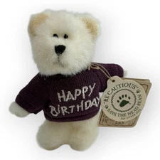 2002 Boyds Bears Mini 4" White Bear "Happy Birthday" Purple Sweatshirt w/ Tag