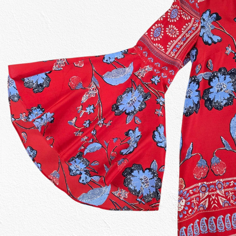 Mini Vestido Vanessa Virginia Boho Manga Campana Rojo Azul Floral 100% Seda Talla XS Foto 3 de 4
