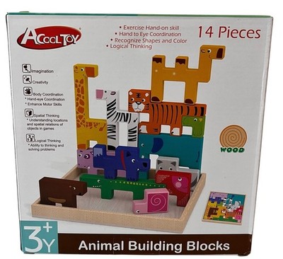ACooltoy Wooden Animal Building Blocks 14 Piece Ages 3+ New