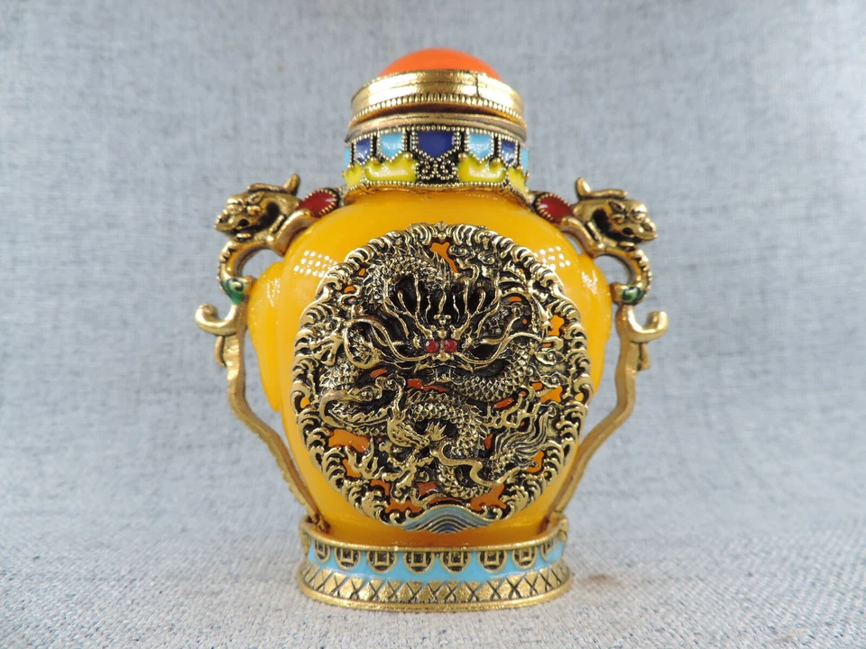 Botella de tabaco Cloisonne hecha a mano con incrustación china patrón amarillo suerte B Foto 2 de 4