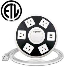 ETL Certified Round Power Strip - 5 Outlets with Surge Protection + 2 USB