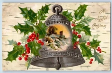 Christmas Postcard Giant Ringing Bell Holly Berries Winsch Back Embossed c1910's