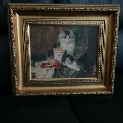Katzengemälde, England, Cat and Three Kittens, Kunstdruck in Prunkrahmen