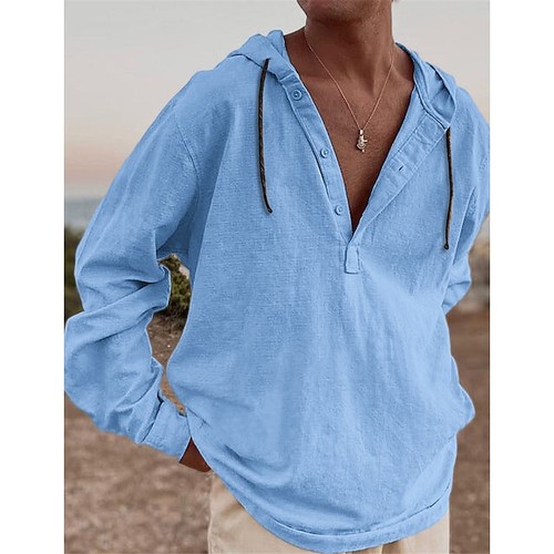 Cotton Linen Shirt Hoodie Long Sleeve Mens Spring/Summer Casual Hooded Loose Top - Picture 12 of 17