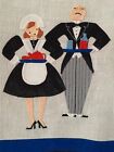 Vintage Tea Towel Hand Embroidered Maid Butler Serving Tea Cocktails Unused