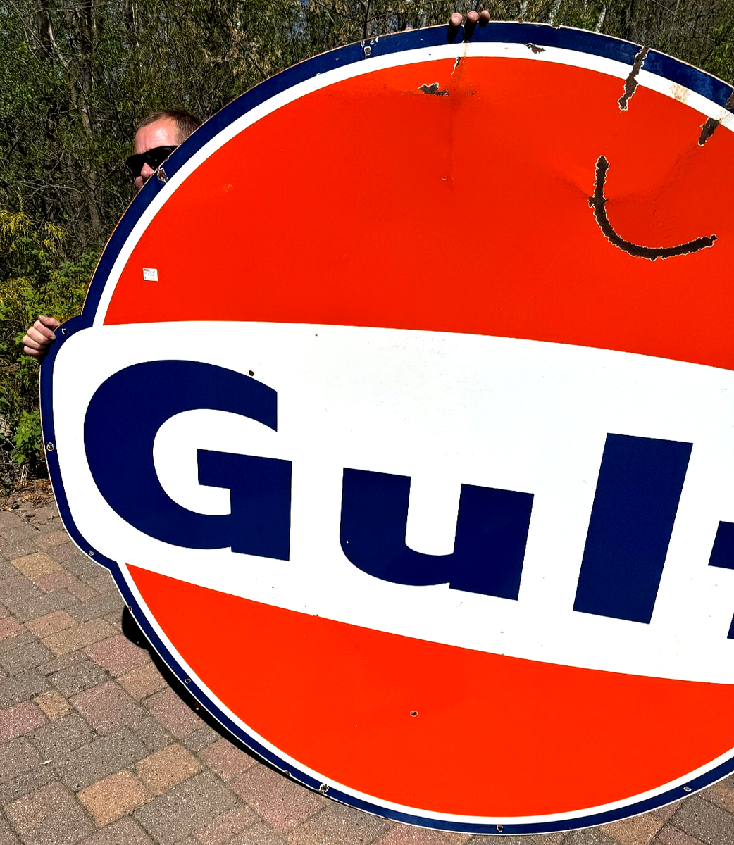 Vintage Large Porcelain Gulf Oil Gas Gasoline Sign 79 by 73 inch 1