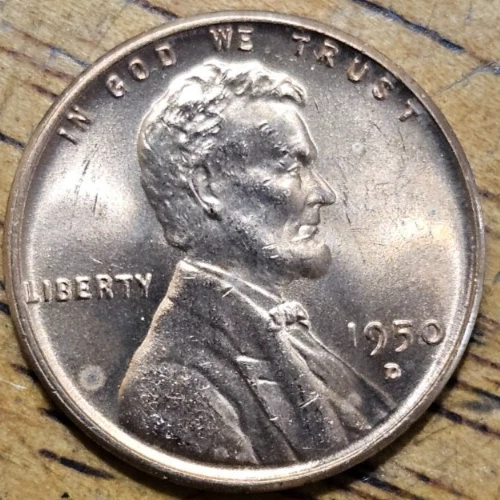 1950 D  Lincoln Wheat One Cent 1c Coin Red BU #AA504