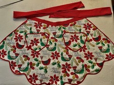 Lovely Vintage Christmas Half Apron Birds Poinsettias MCM Holiday Retro Hostess