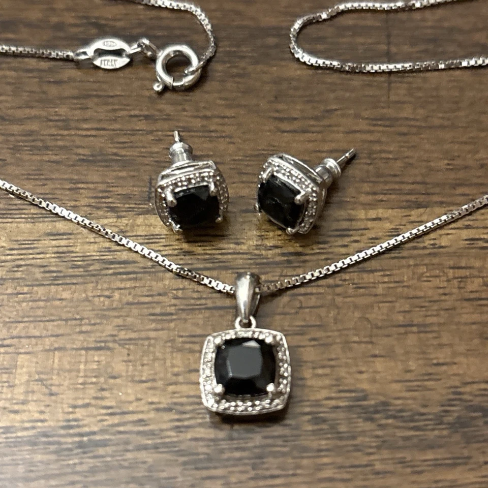 Macy’s Black Onyx & Cubic Zirconia Jewelry Set 925 Necklace, Earrings, & Rings - Image 2 of 4