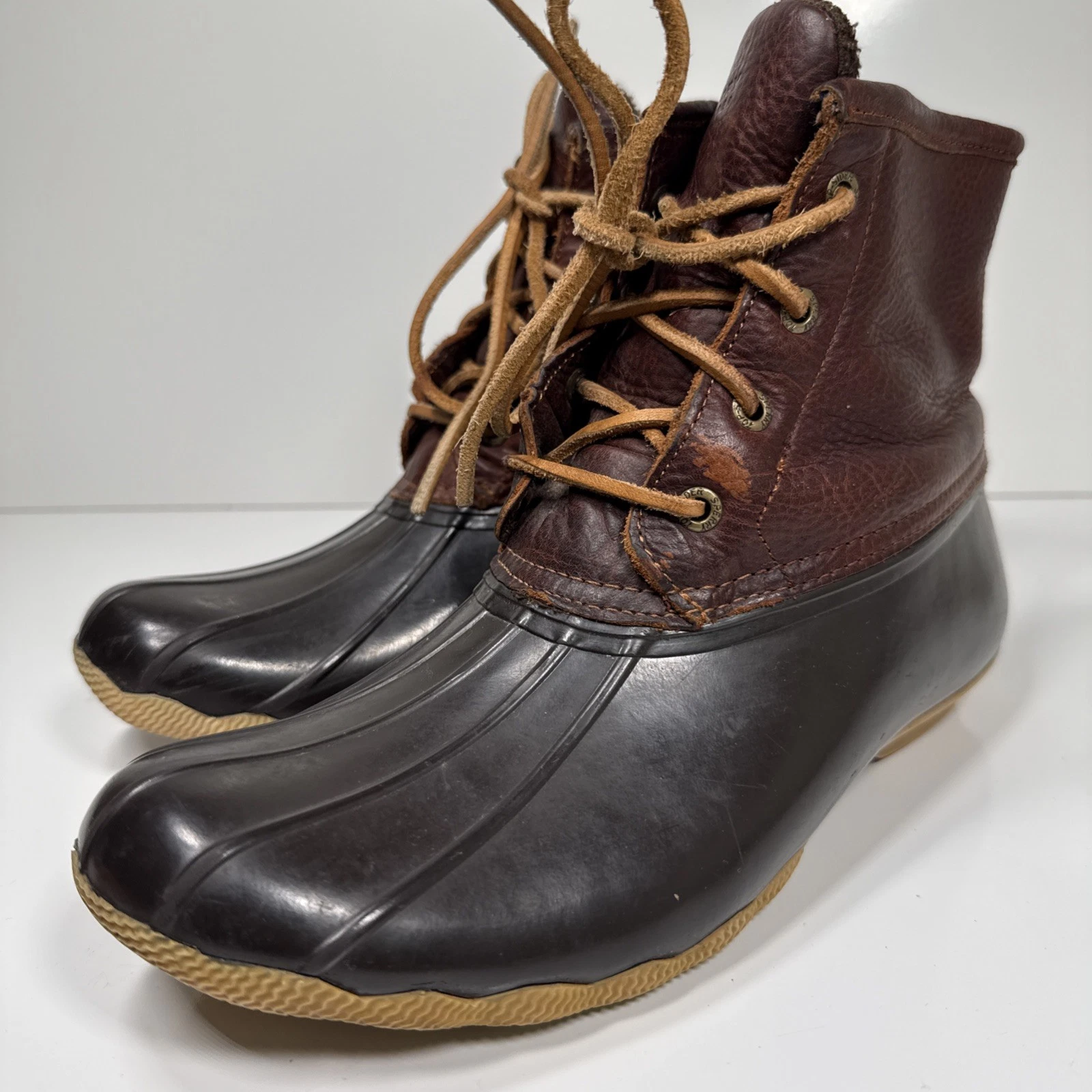 Sperry Ankle Duck Boots Green Rubber Brown Womens Sz 9 Waterproof Boot