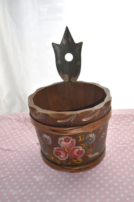 German Handpainted Wooden Basket Small Barrel 8'' Diam