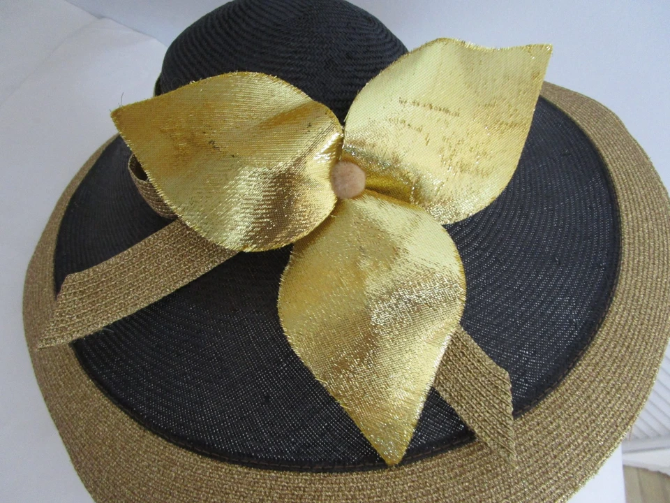 Jack McConnell Parasisal Fine Straw Hat Wide Brim Navy Gold Lurex Church Wedding - Image 4 of 4