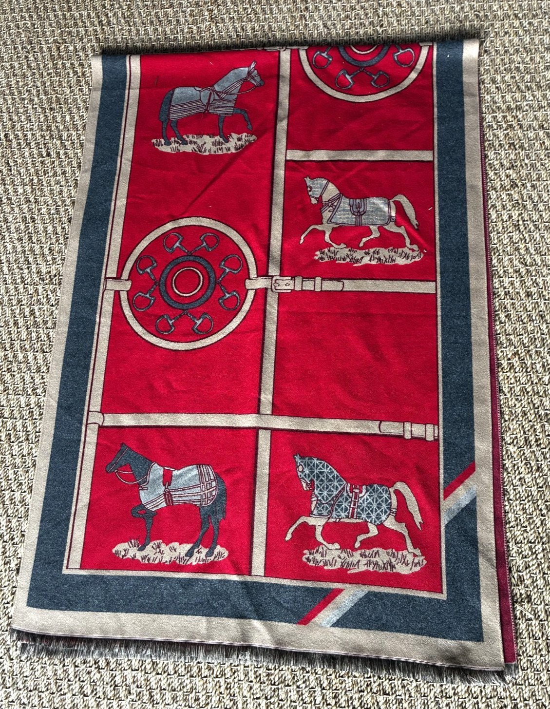 Elegant red patterned scarf featuring an equestri… - image 2