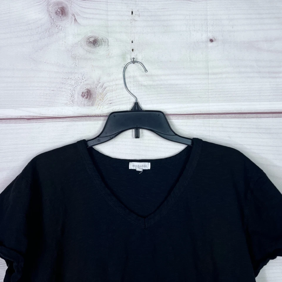Camiseta Mododoc Top Mujer XL Negra Manga Corta Algodón Tejido Slub Cuello en V Dobladillo Crudo Foto 2 de 4