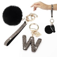 Initial Letter Keychain for Women Girl Bling Rhinestone Sparkly Bag W-black