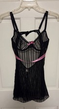 Vintage Y2K Elegant Moments Black Mesh Lingerie Pink Ribbon Bow Size L EUC