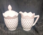 Vtg Fenton Hobnail Milk Glass Creamer & Lidded Sugar Bowl Scallop Beaded Edge