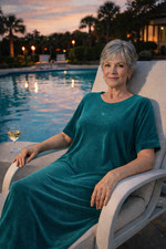 Christian Dior Beachwear Velour Knit Dress Teal Green Short Sleeve Vintage Large