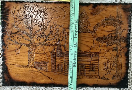 Vintage Wood Carved Picture Cabin Mountains Pines 17” X  11” X 1” Thick hay B37 - Picture 4 of 8