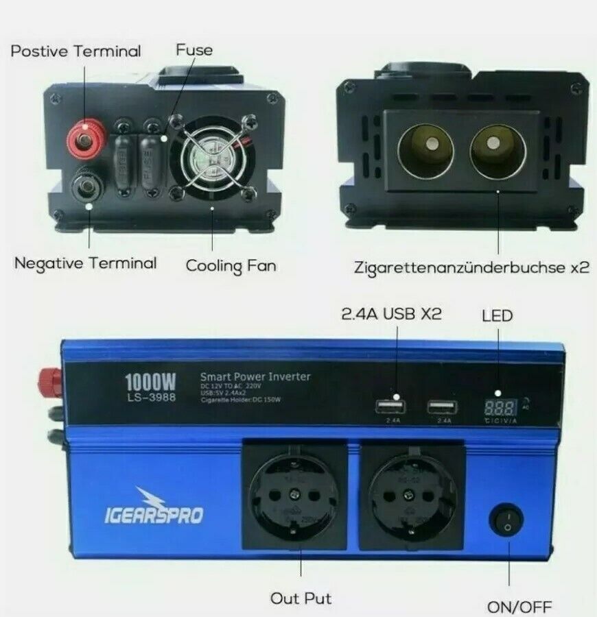 Inverter Onda Sinusoidale Pura 1000W – 12V A 230V, Per Camper, Auto, Campeggio, Sistema Solare – Compatto E Sicuro