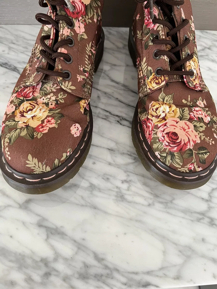 Dr. Doc Martens Floral Boots Sz 7 EU 38 Brown Red Pink Canvas Docs