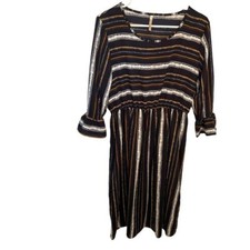 Paolino Women’s Midi Dress Navy Blue White Orange Stripes Bell Sleeve Round Neck
