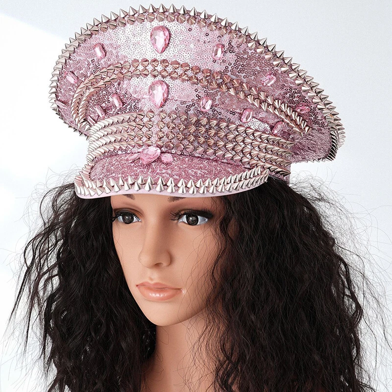 Chapéu capitão feminino boné militar brilhante boné de strass festival música festa chapéu - Imagem 4 de 4