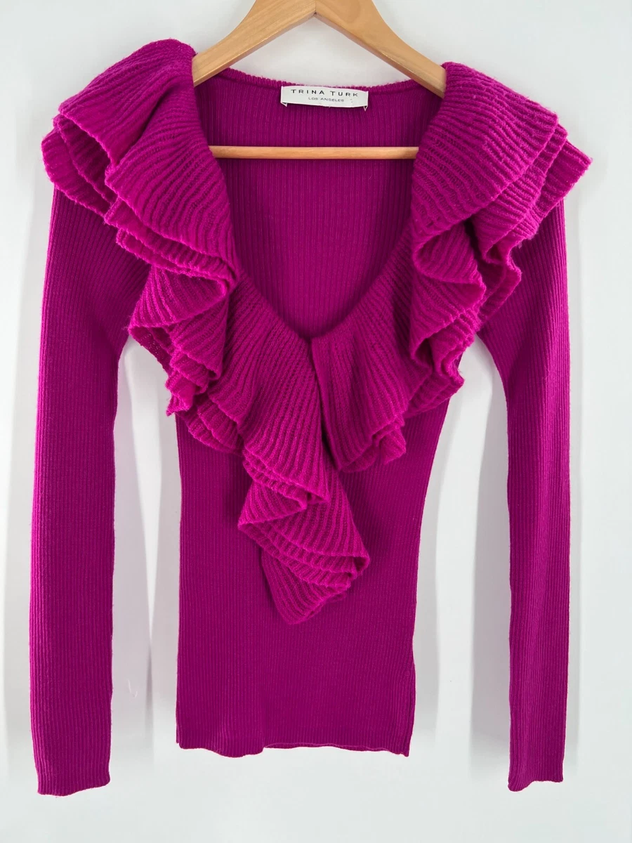 Trina Turk Women s 100 Merino Wool Fuchsia Pink Sweater Ruffle