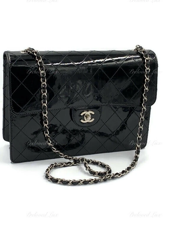 Authentic CHANEL Black Patent Leather Jumbo Size Flap Shoulder Bag  Crossbody SHW