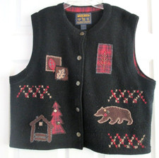 Woolrich Wool Vest Womens Bear Cabin Rustic Black Size L Large