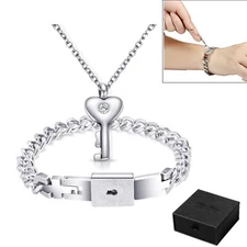 Lock Bracelet Heart Key Necklace Stainless Steel Couples Jewelry Set+Gift Box