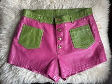 Vtg hot pink,green,60s pop art/op art styl mod go go shorts. genuine leather.S/M