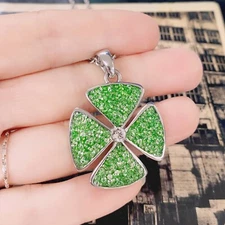 Green Epoxy Four Leaf Clover Necklace CZ Inlay, 4mm Clear Crystal Center