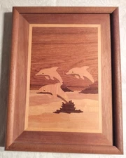 Creative Designs Marquetry Wood Inlay Dolphins Plaque Signed American Folk Art