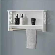Coventry 25 in W x 14 in H Wall-Mounted Bath Shelf with Two Towel Rods in White