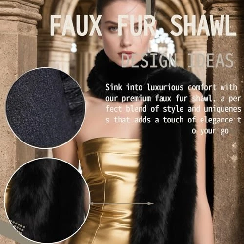 Envoltura de bufanda larga para mujer con cuello de piel sintética, estola de piel de fiesta para todas las estaciones negra cálida Foto 3 de 4