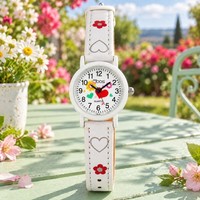 MäDchenuhr Herzen Blumen Qbos Weiß Kinderuhr Quarz Analog Kunstleder Lernuhr