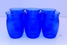 Set Of 6 Vintage Hazel Atlas Cobalt Blue Fine Ribbed Glass 5oz Juice Tumblers