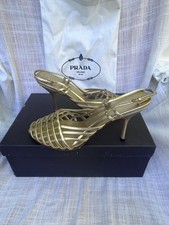NWOB PRADA Vintage Gold Leather Strappy Slingback Cage Toe Heels Womens 8.5  Y2K